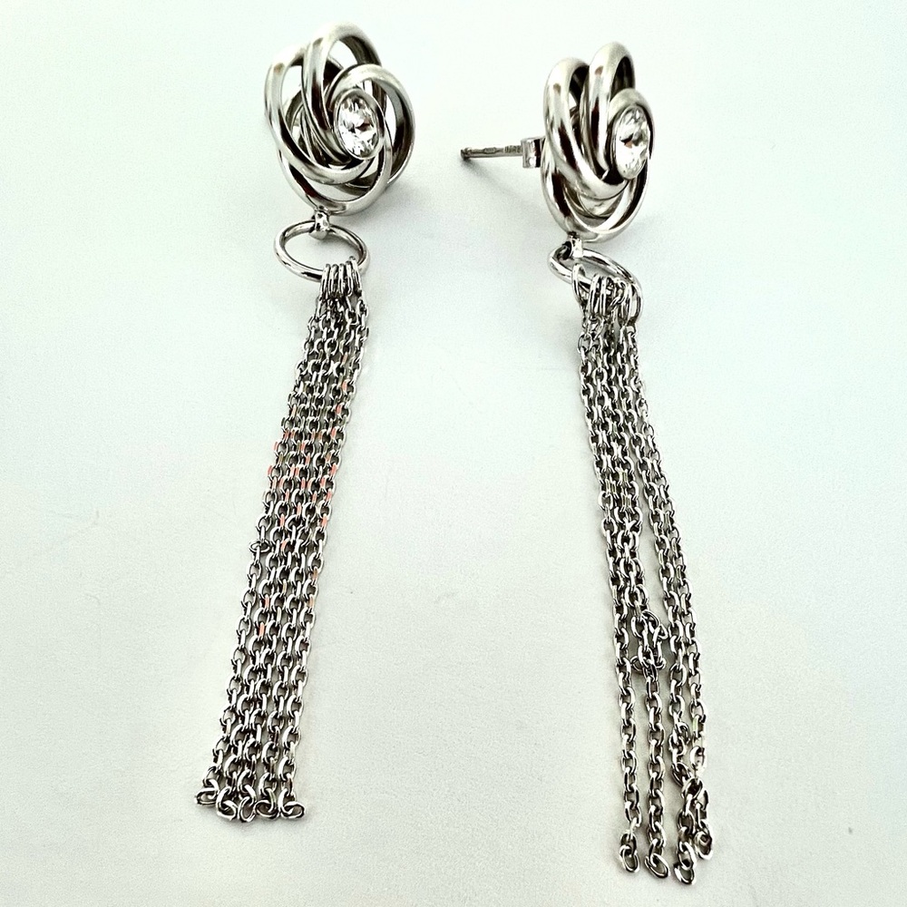 Vintage New Sterling Silver Rose Floral Rhinestone(CZ)Chains Dangle Earrings